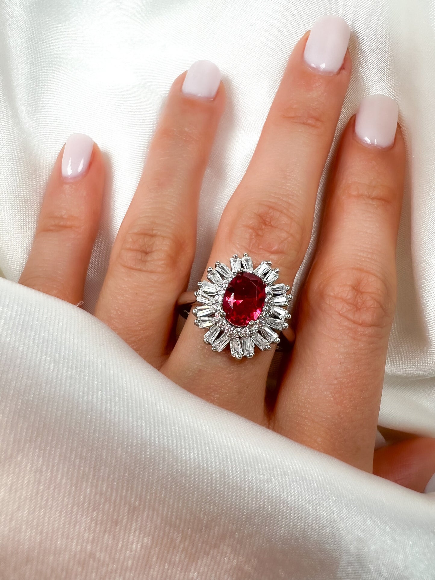 Oval Cut Ruby Halo Sterling Silver Ring, size 8.5