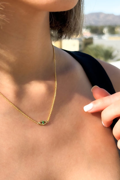 14k Solid Gold Evil Eye Necklace with Natural Gemstone