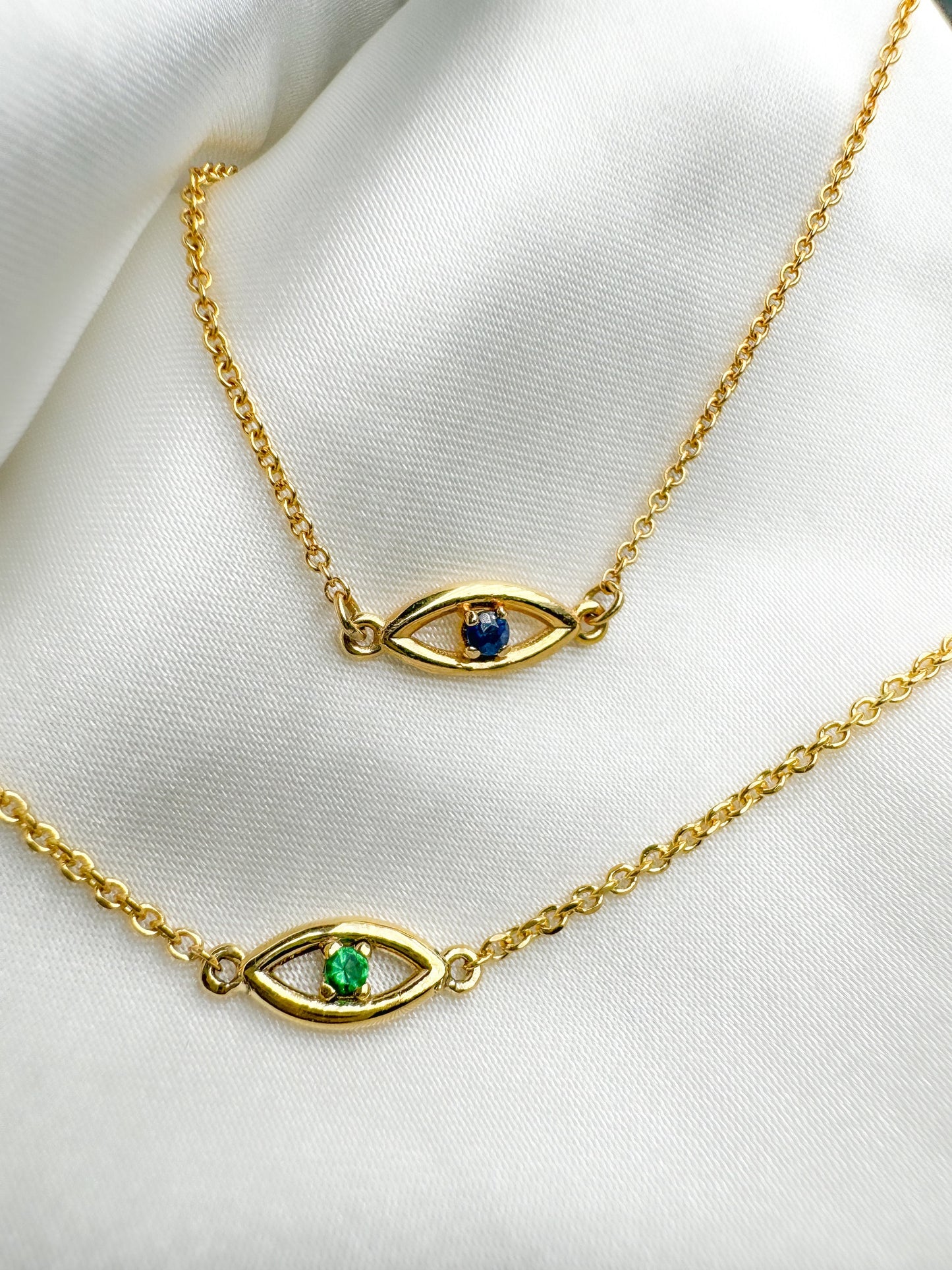 Evil Eye Necklace In Solid Gold, Emerald, Diamond, Sapphire Necklace