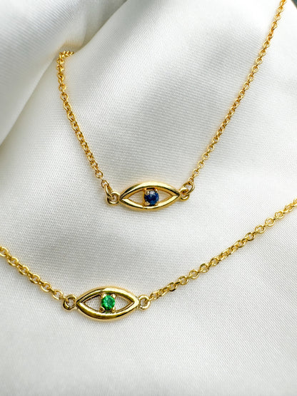 14k Solid Gold Evil Eye Necklace with Natural Gemstone