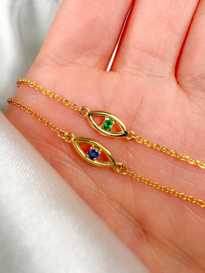 14k Solid Gold Evil Eye Necklace with Natural Gemstone