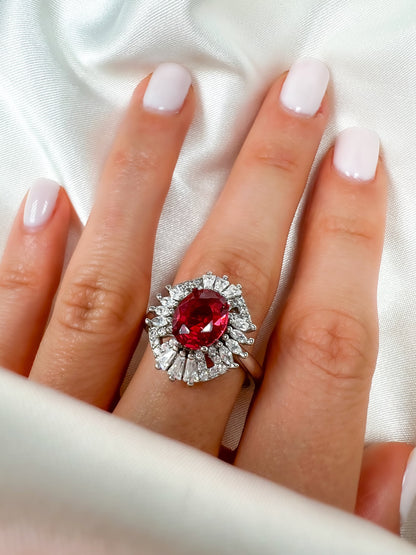 2Ct Oval Ruby Diamond Halo Ring in Sterling Silver, Size 8.25