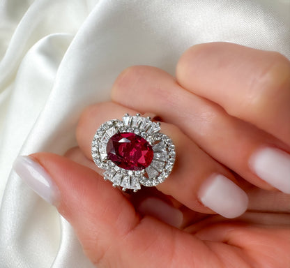 2Ct Oval Cut Ruby Diamond Statement Silver Ring, Size 7