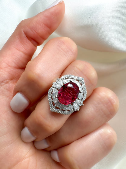 Ruby Halo Engagement Ring in Sterling Silver, Rhodium Plated Cocktail Ring, Size 6.25