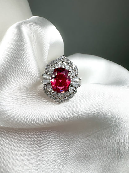 Ruby Halo Engagement Ring in Sterling Silver, Rhodium Plated Cocktail Ring, Size 6.25