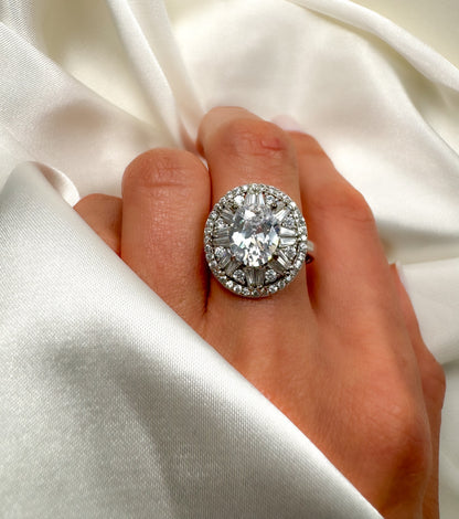 2Ct Oval Halo Sterling Silver Engagement Ring, Size 7.25