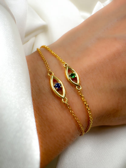 14k Solid Gold Evil Eye Bracelet with Diamond, Emerald or Sapphire Gemstone