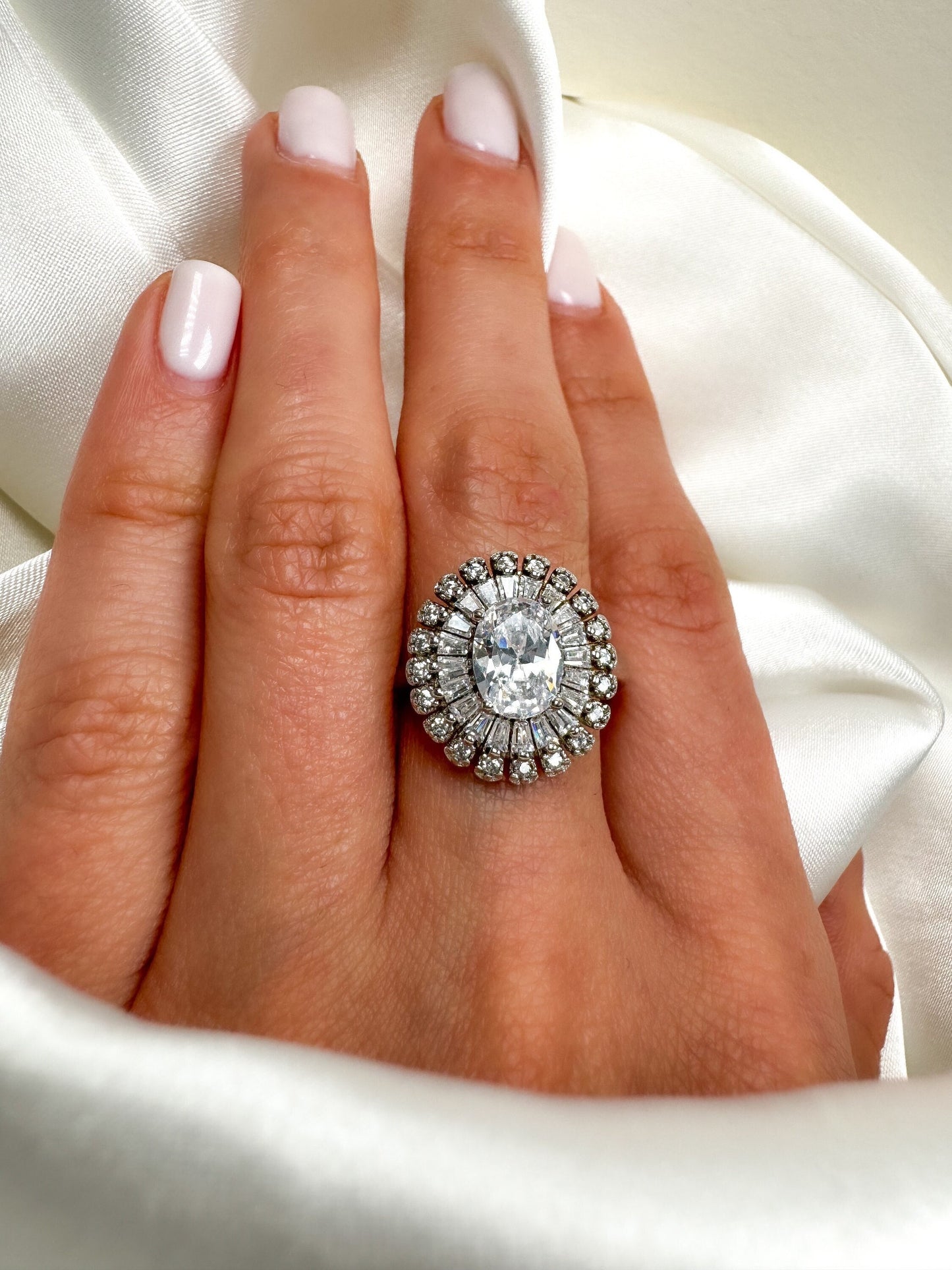 Oval Cut Halo Engagement Ring in Sterling Silver , Size 7