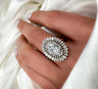 Oval Cut Halo Sterling Silver Engagement Ring, Size 6.5