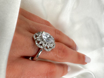 2CT Oval Cut Simulated Diamond Halo Sterling Silver Ring