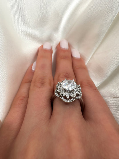 2CT Oval Cut Simulated Diamond Halo Sterling Silver Ring