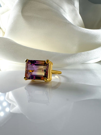 East West Setting Natural Ametrine Solitaire Ring in 14k Solid Gold