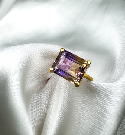 East West Setting Natural Ametrine Solitaire Ring in 14k Solid Gold