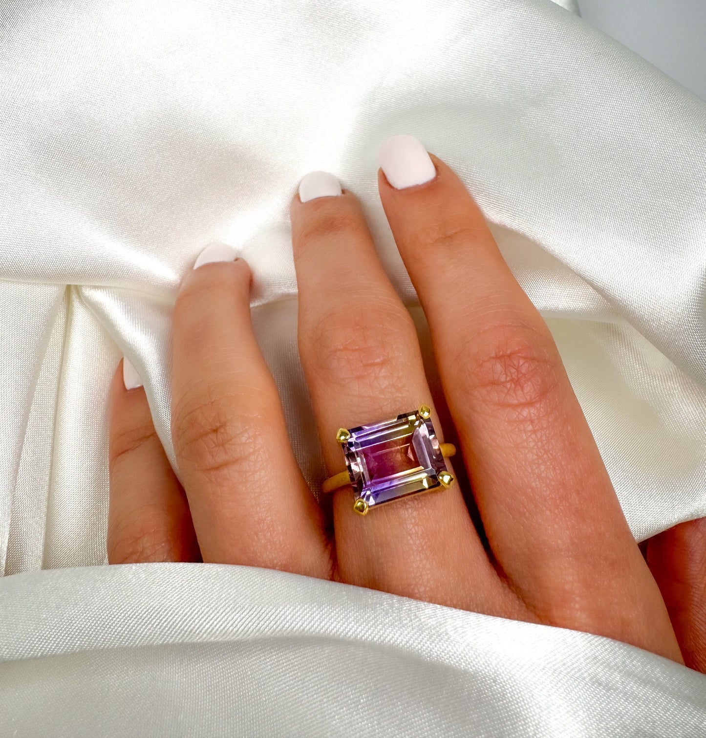 East West Setting Natural Ametrine Solitaire Ring in Solid Gold