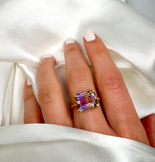 East West Setting Natural Ametrine Solitaire Ring in Solid Gold