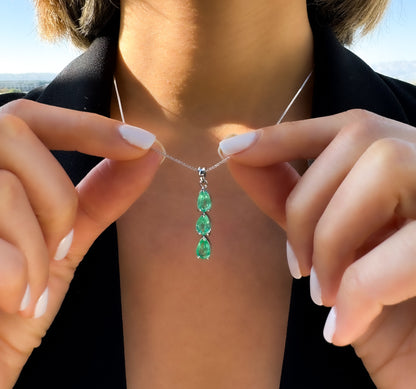 Natural Pear Shape Light Green Colombian Emerald Pendant in 14k Solid Gold, Drop Necklace