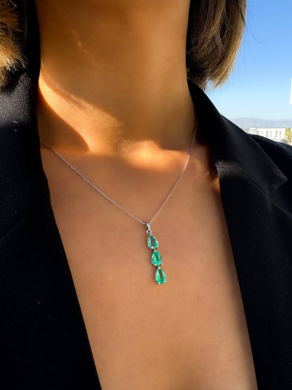Natural Pear Shape Light Green Colombian Emerald Pendant in 14k Solid Gold, Drop Necklace