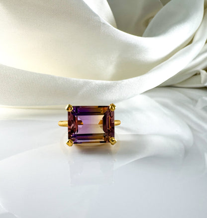 East West Setting Natural Ametrine Solitaire Ring in 14k Solid Gold