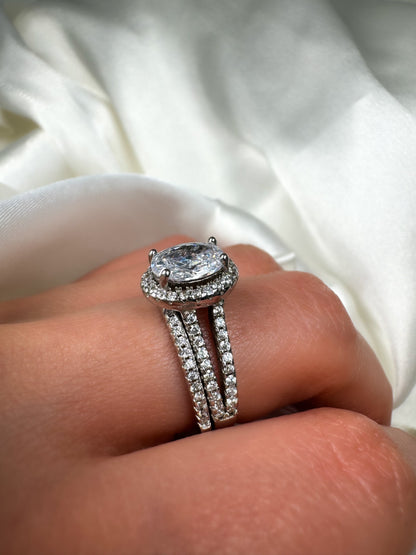 Oval Cut Halo Sterling Silver Engagement Ring With Matching band, size 5.75