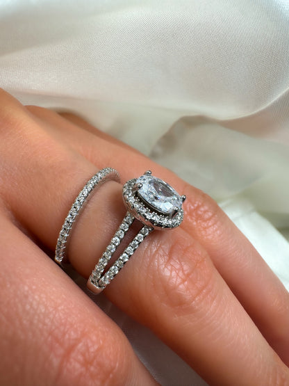 Oval Cut Halo Sterling Silver Engagement Ring With Matching band, size 5.75
