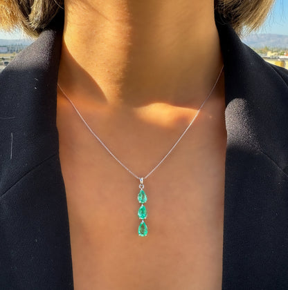 Natural Pear Shape Light Green Colombian Emerald Pendant in 14k Solid Gold, Drop Necklace