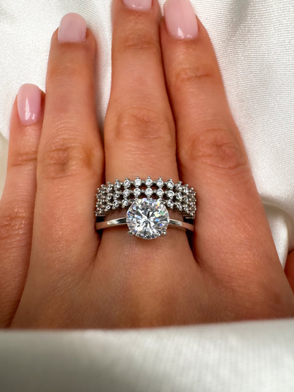 Round Cut Sterling Silver Engagement Ring With Wedding Band, Size 7.25