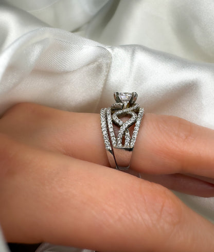 Round Cut Halo Sterling Silver Engagement Ring With Matching Band, Size 4.75