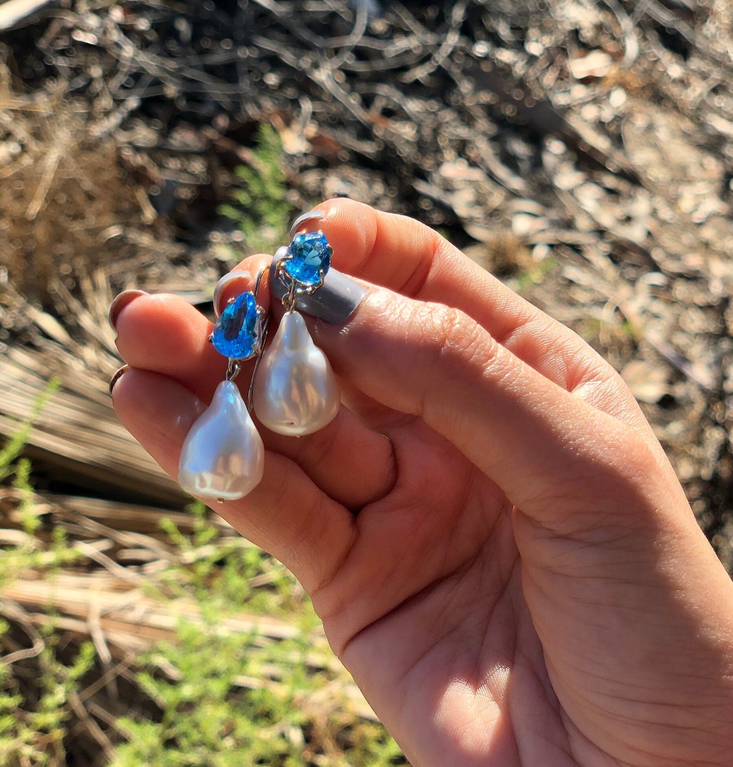 Drop Earring with Ocean Blue Topaz And Baroque Shape Pearls