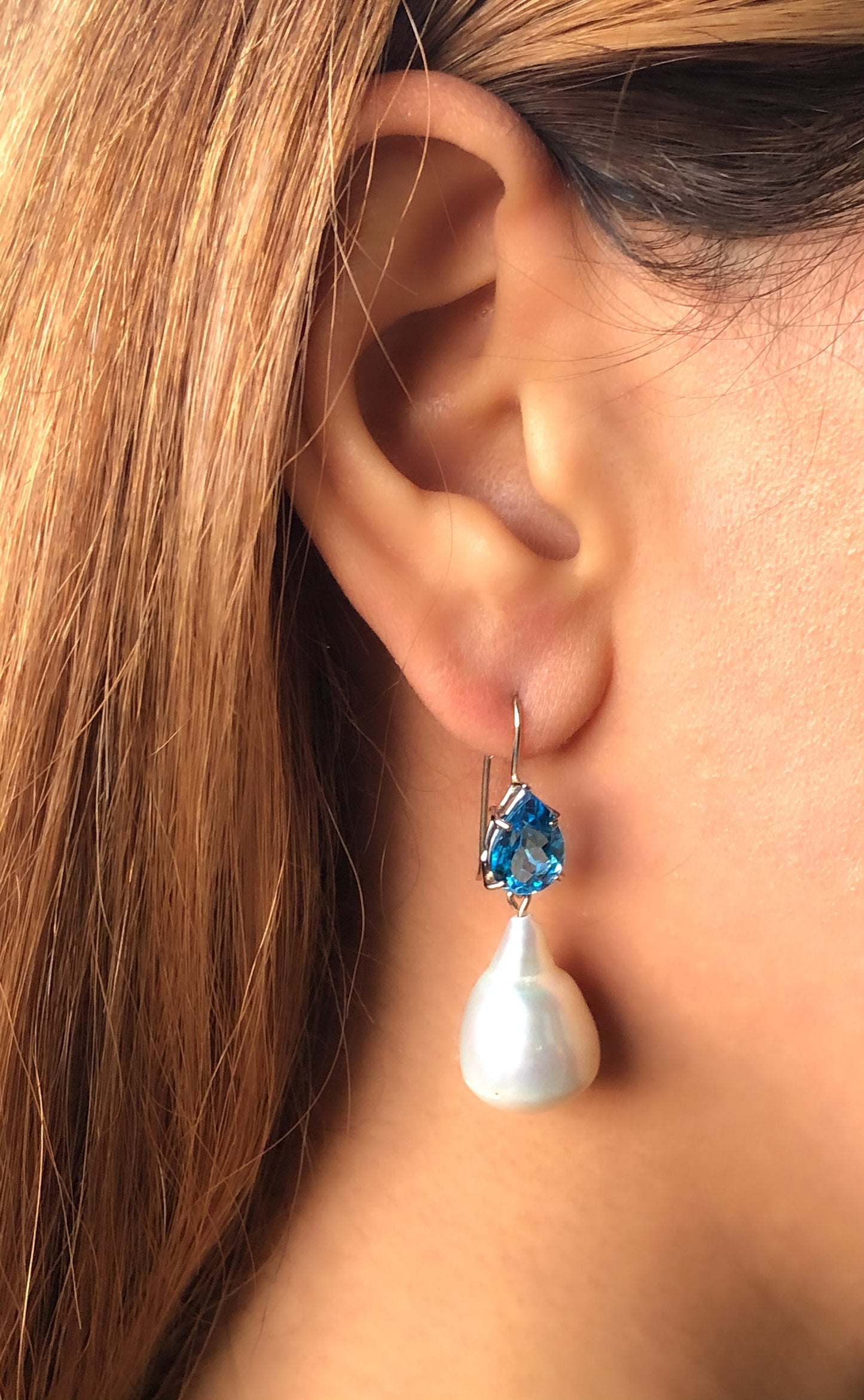 Drop Earring with Ocean Blue Topaz And Baroque Shape Pearls