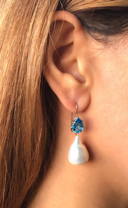 14k Solid Gold Blue Topaz & Baroque Pearl Earrings
