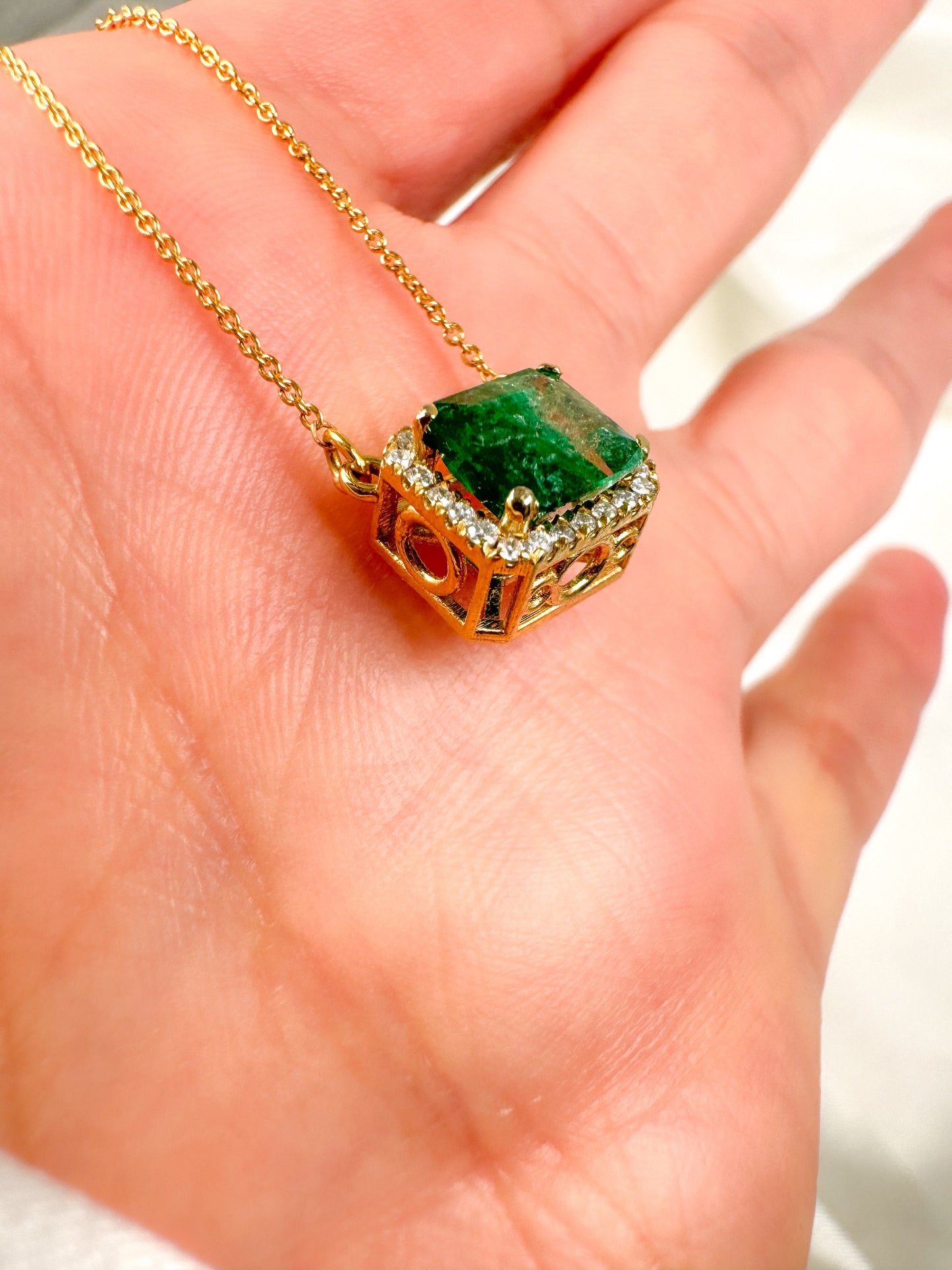 Emerald Cut Emerald Halo Diamond Necklace in 14k Gold