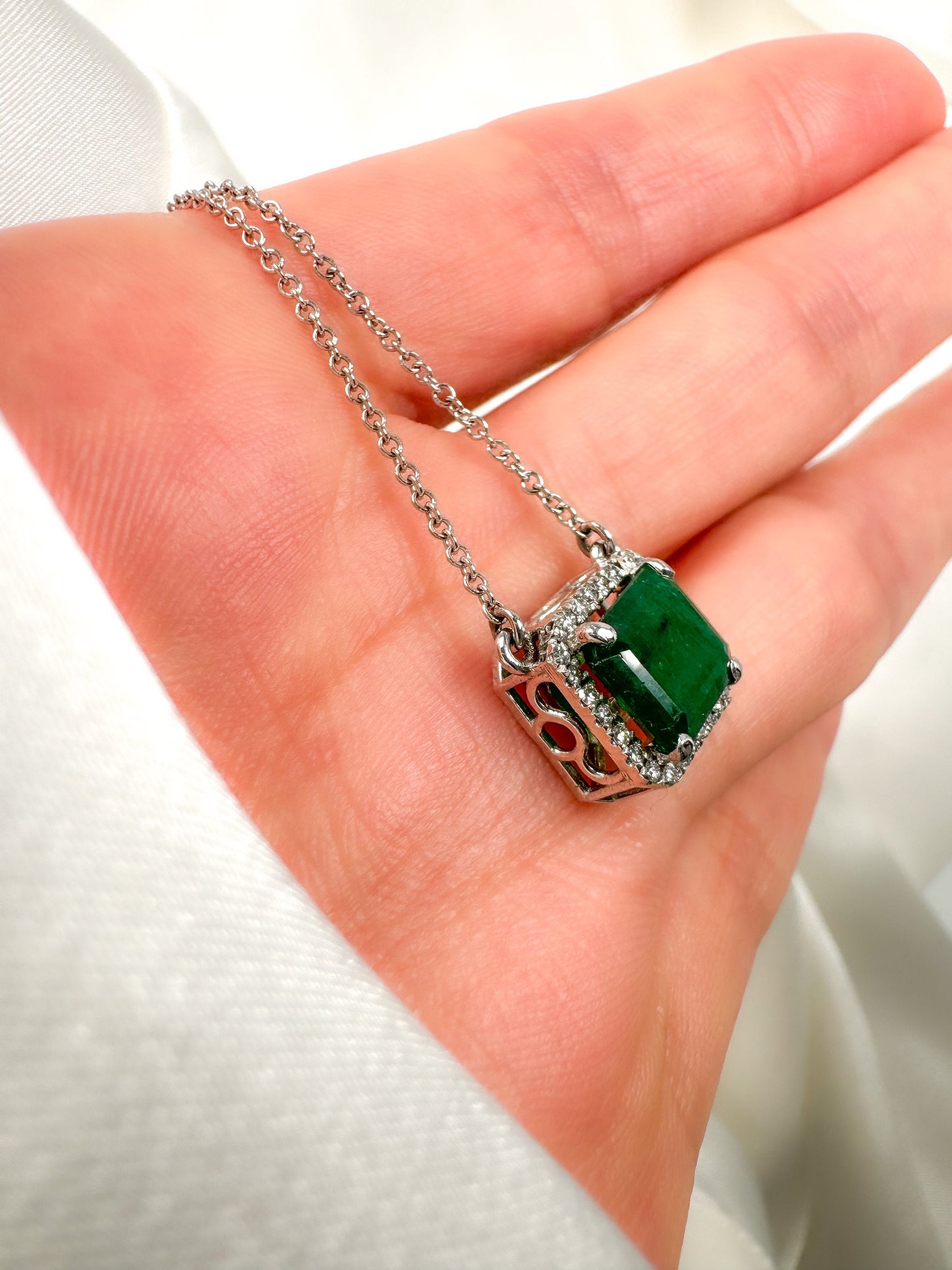 Emerald Cut Emerald Halo Diamond Necklace in 14k Gold