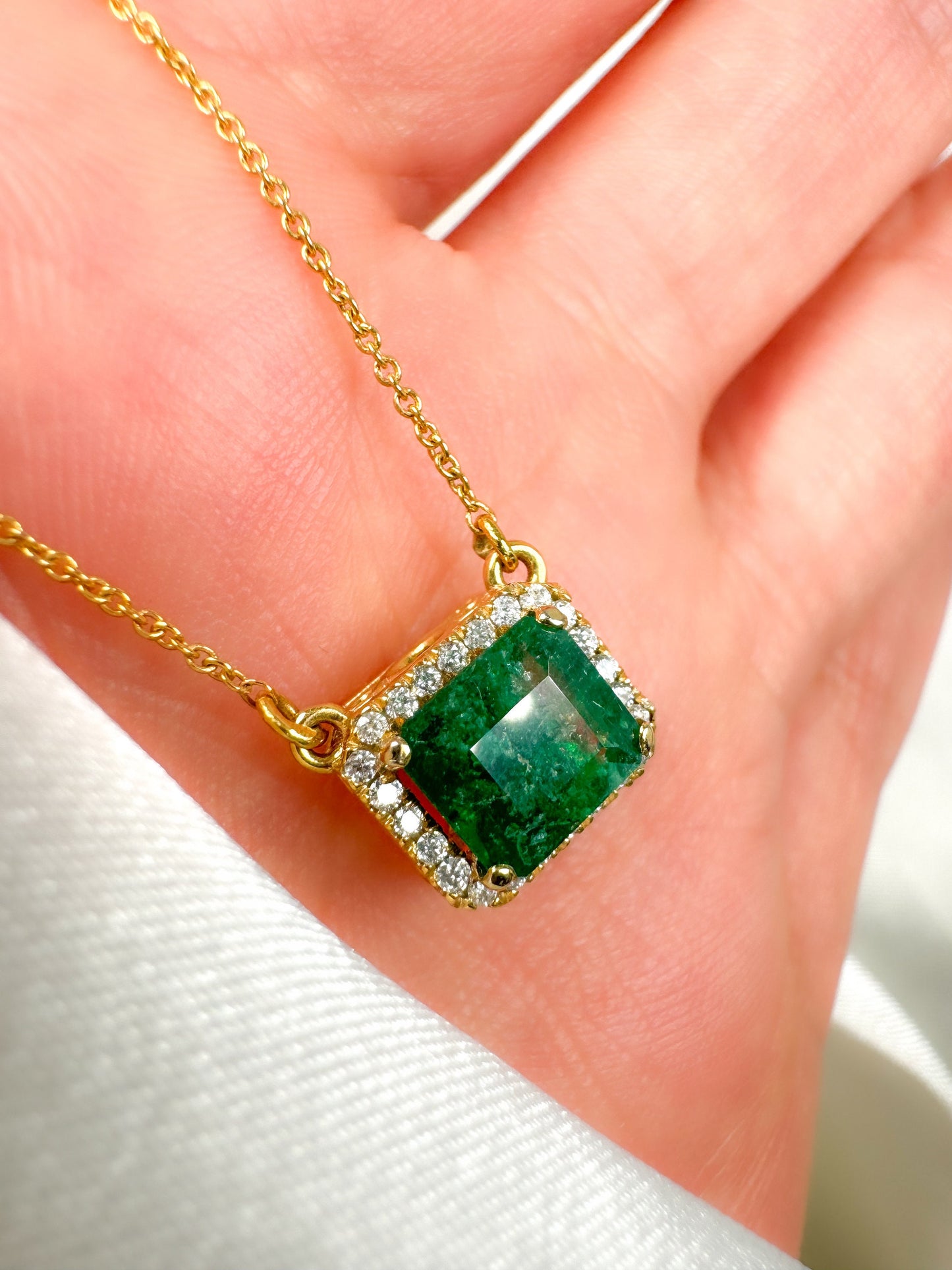 Emerald Cut Emerald Halo Diamond Necklace in 14k Gold