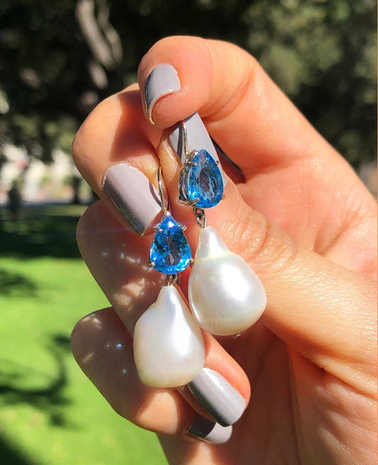 14k Solid Gold Blue Topaz & Baroque Pearl Earrings