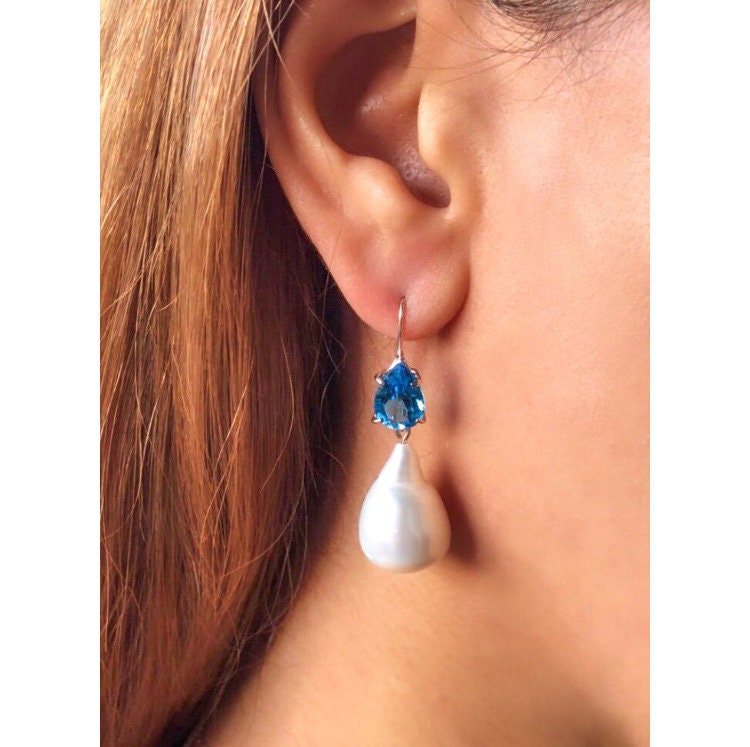 Drop Earring with Ocean Blue Topaz And Baroque Shape Pearls