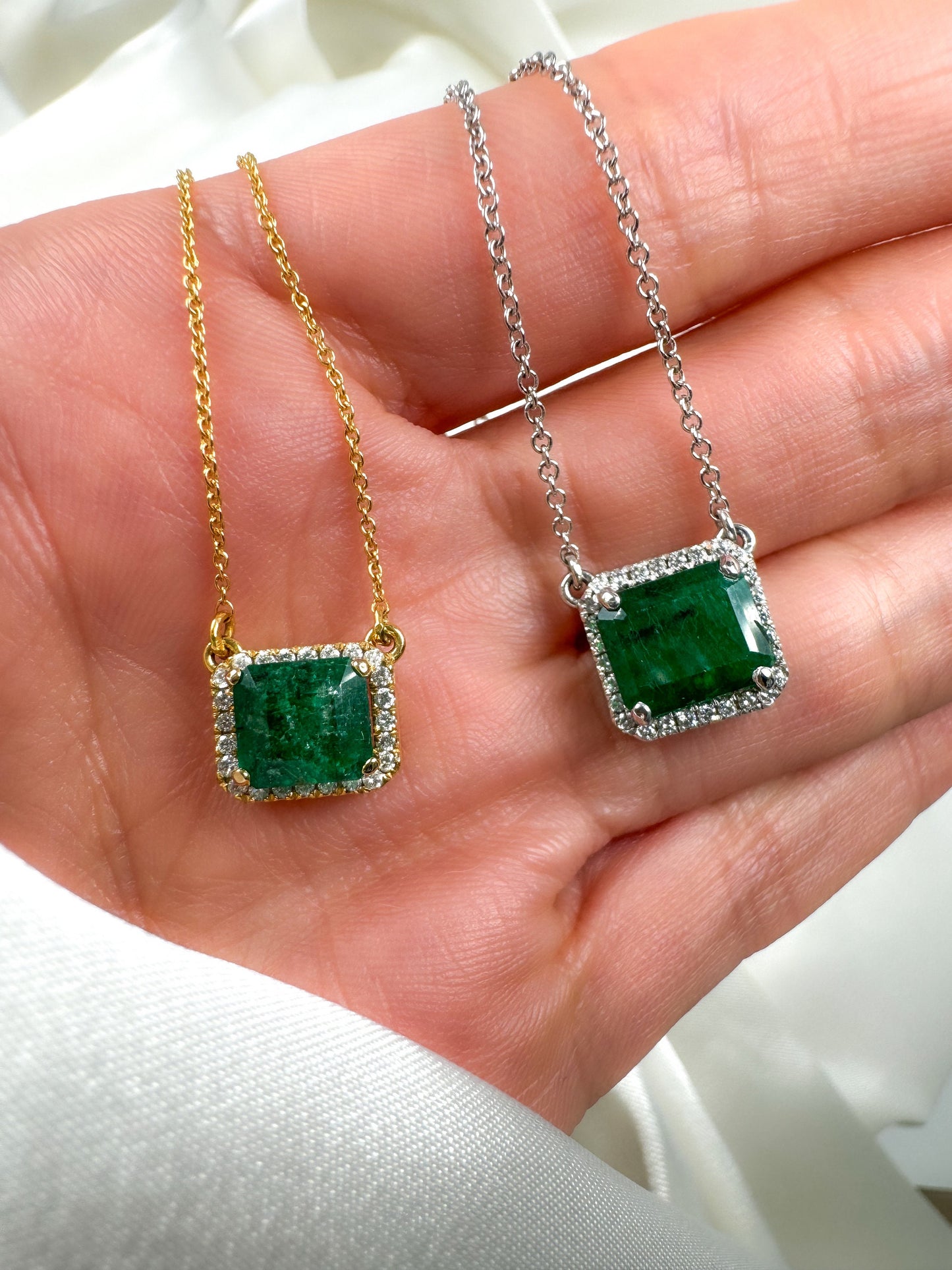 Emerald Cut Emerald Halo Diamond Necklace in 14k Gold