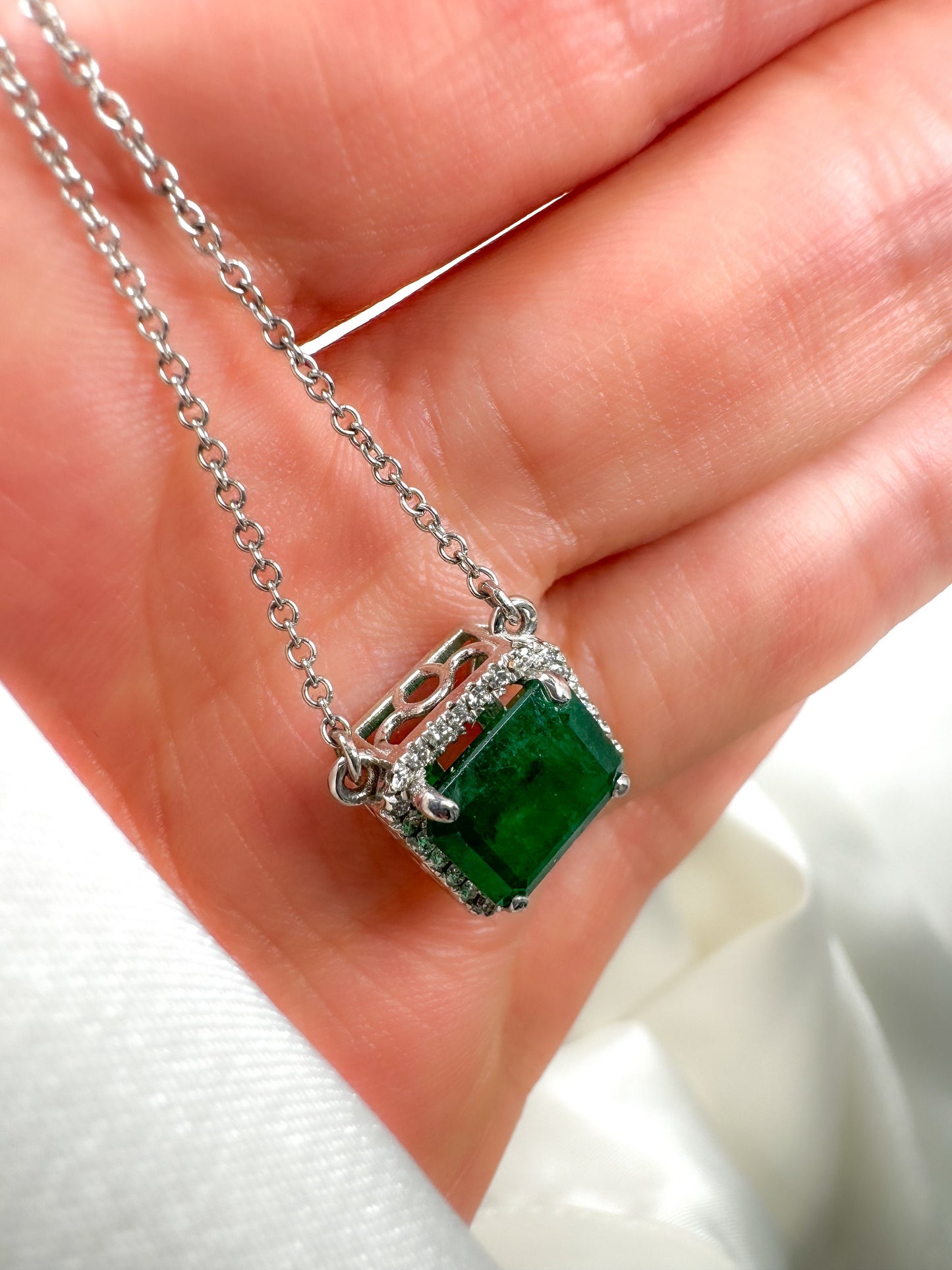 Emerald Cut Emerald Halo Diamond Necklace in 14k Gold