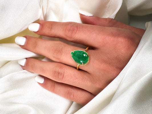 Natural Colombian Pear Shaped Emerald Solitaire Ring in Solid Gold