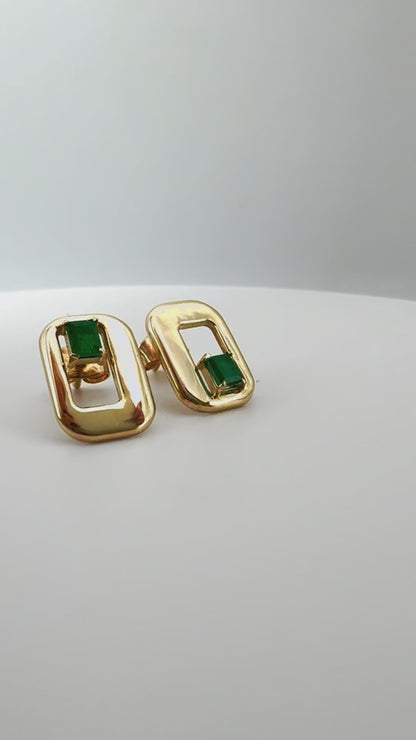 14k Solid Gold Natural Emerald Earrings - Geometric Design Earrings