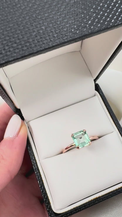 Natural Colombian Emerald Cut Green Beryl Solitaire Ring in Solid 14k Gold