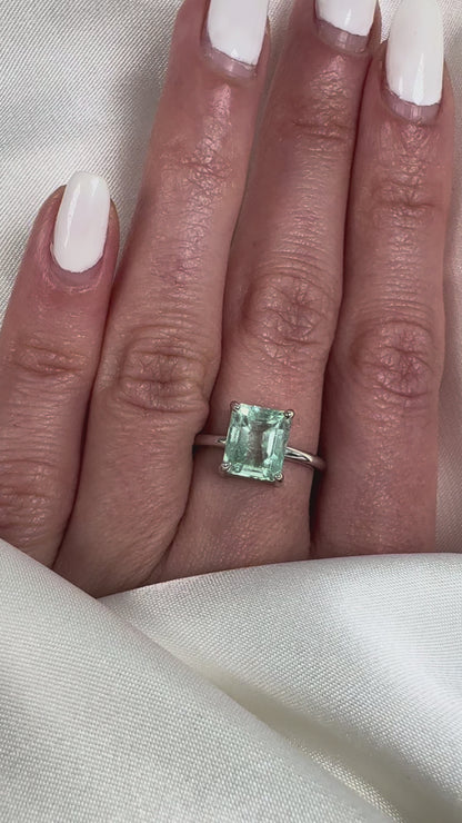 14k Gold Emerald Cut Green Beryl Ring, Natural Colombian Light Bluish Green