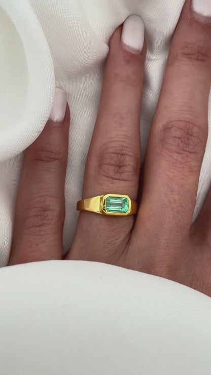 Natural Colombian Emerald Signet Solitaire Ring, 14k Gold Bezel Setting