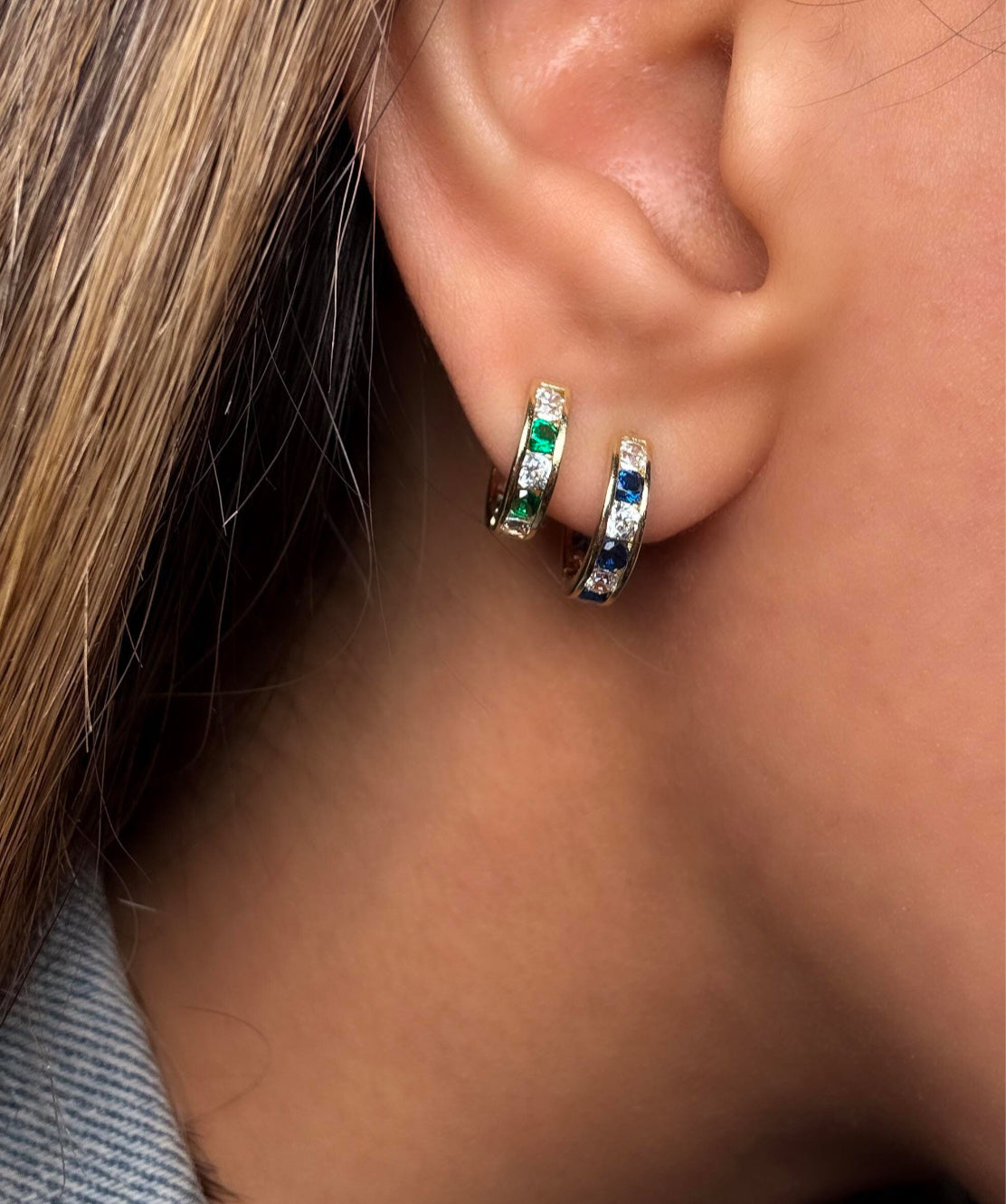 14k Solid Gold with Sapphire and Diamond Huggie Hoop Earring