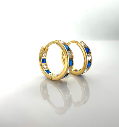 14k Solid Gold with Sapphire and Diamond Huggie Hoop Earring